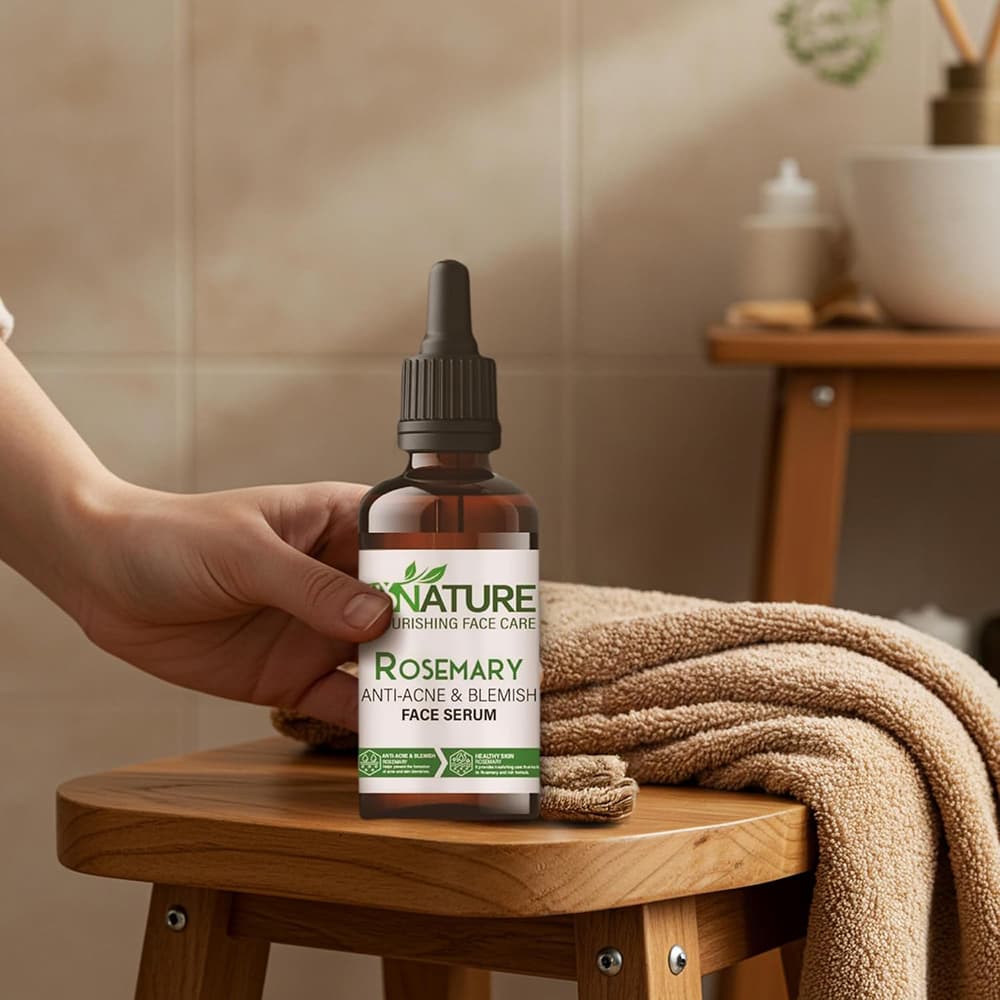 Glass dropper bottle of By Nature rosemary blemish control serum