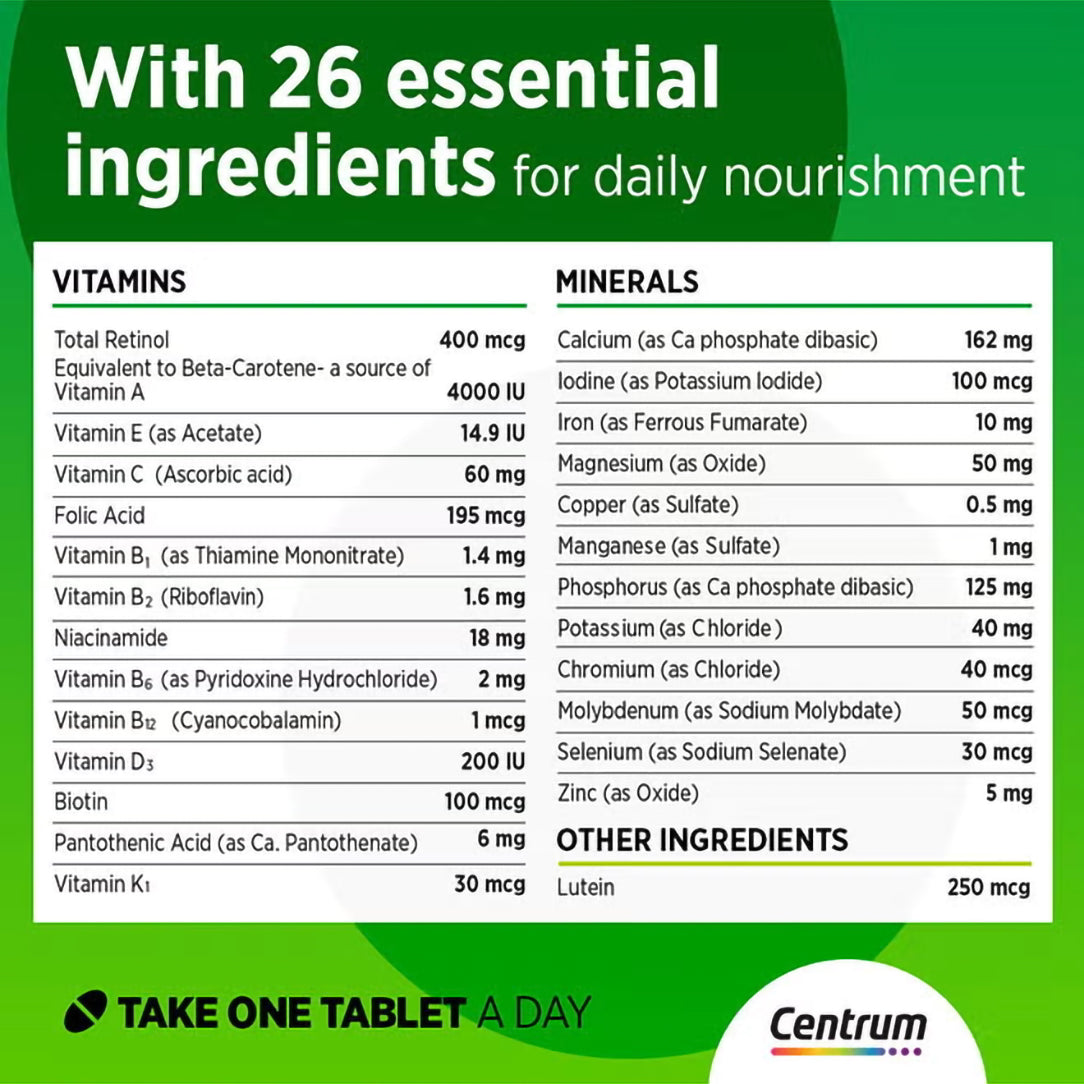Centrum Adult Multivitamin with Lutein - 30 Tablets, Multivitamin Supplements