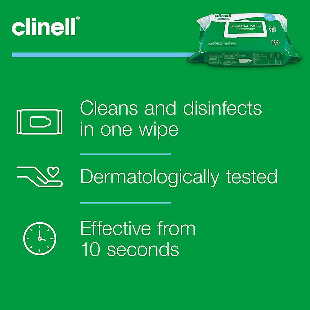 Clinell Universal Cleaning & Disinfectant Wipes - Pack of 200s, Antiseptics & Cleaning Supplies