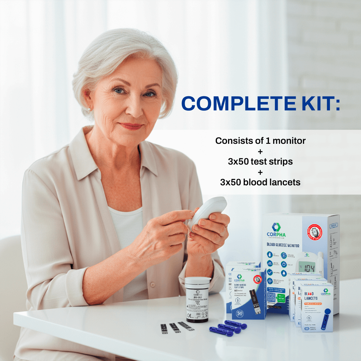 Blood Glucose Monitor Kit with 3 Packs of 50 Test Strips & 3 Packs of 50 Lancets
