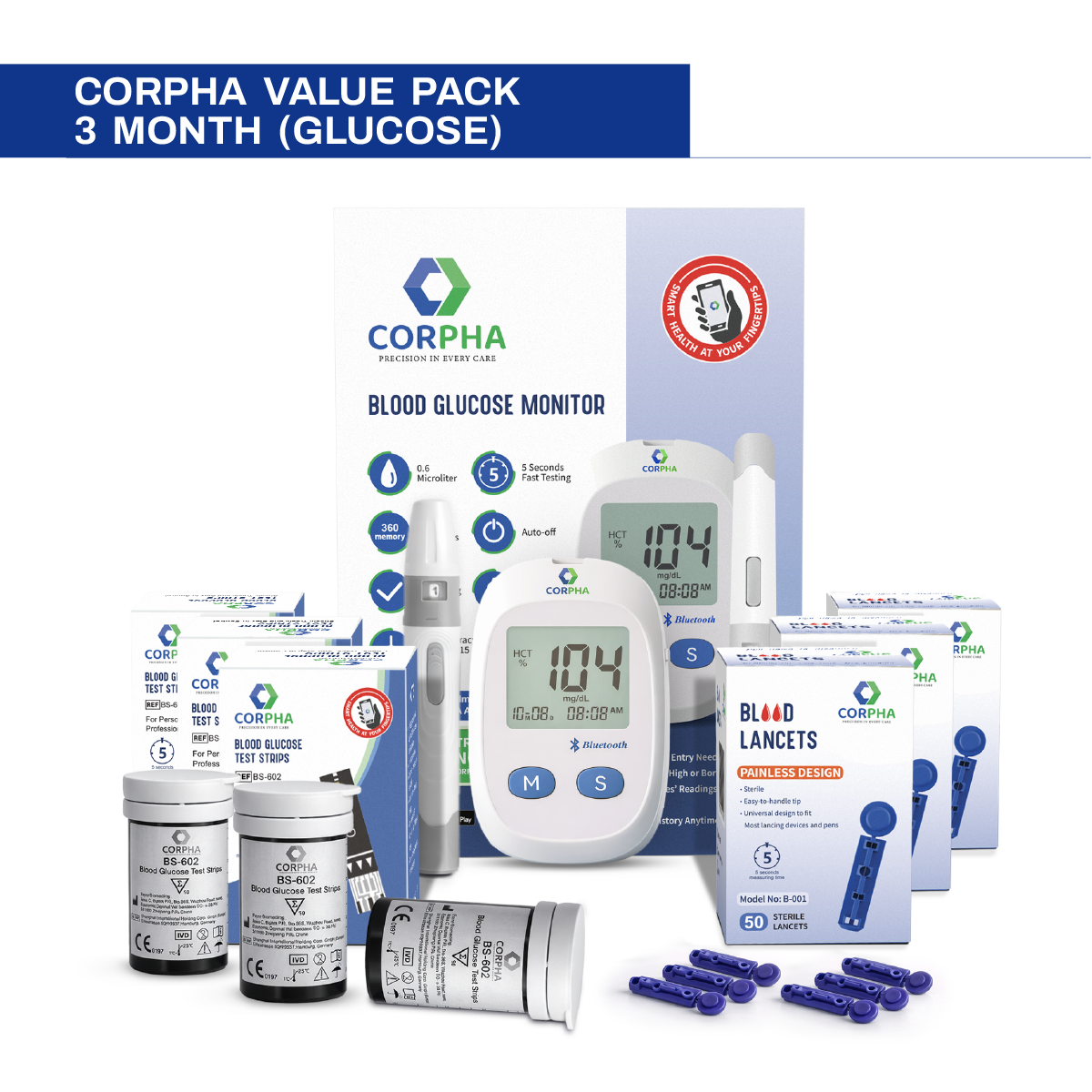 Blood Glucose Monitor Kit with 3 Packs of 50 Test Strips & 3 Packs of 50 Lancets