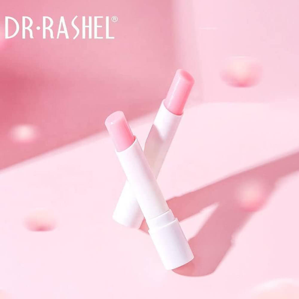 Close-up of DR.RASHEL peach lip balm for dry or chapped lips