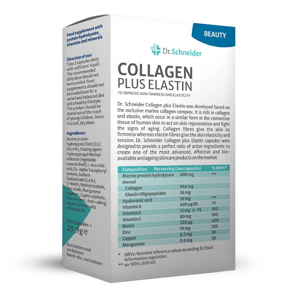 Supplement bottle of Dr. Schneider Collagen + Elastin for beauty and mobility