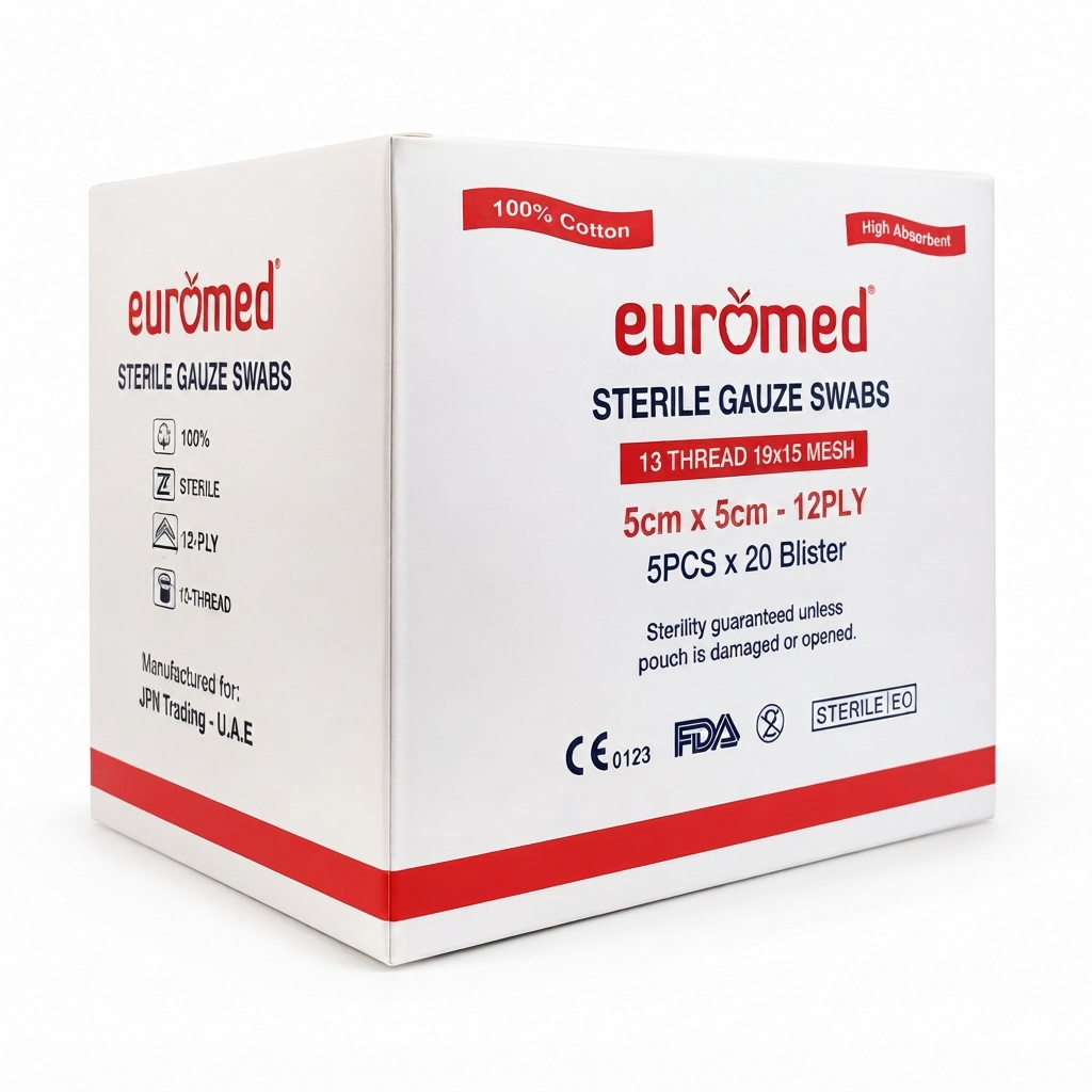 Euromed Sterile 8-Ply Gauze Swabs 5cm x 5cm - 20 Blisters, 5 Swabs Each, Gauze & Wound Dressings 