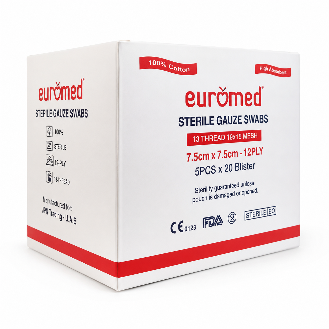 Euromed Sterile 8-Ply Gauze Swabs 7.5cm x 7.5cm - 20 Blisters, 5 Swabs Each, Gauze & Wound Dressings