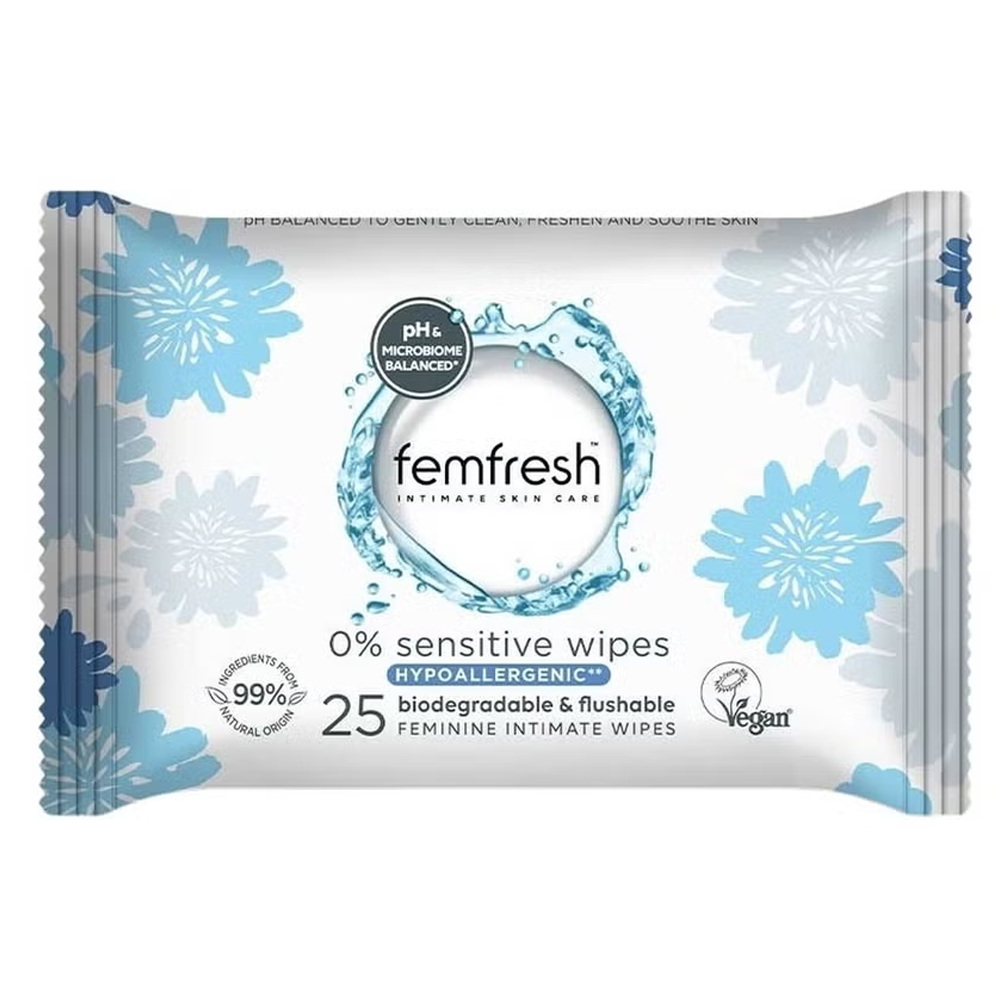 Femfresh Intimate 0% Sensitive Wipes - Pack of 25, Hygienic Wipes