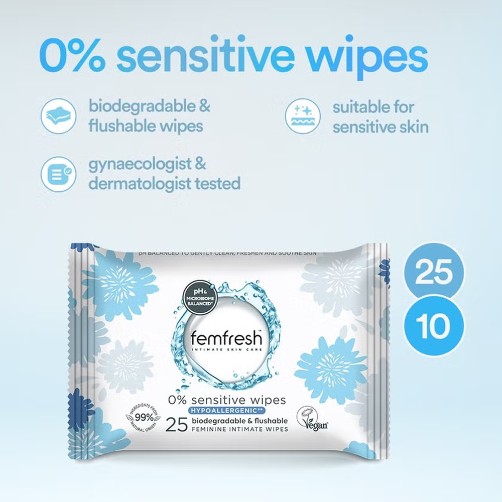 Femfresh Intimate 0% Sensitive Wipes - Pack of 25, Hygienic Wipes