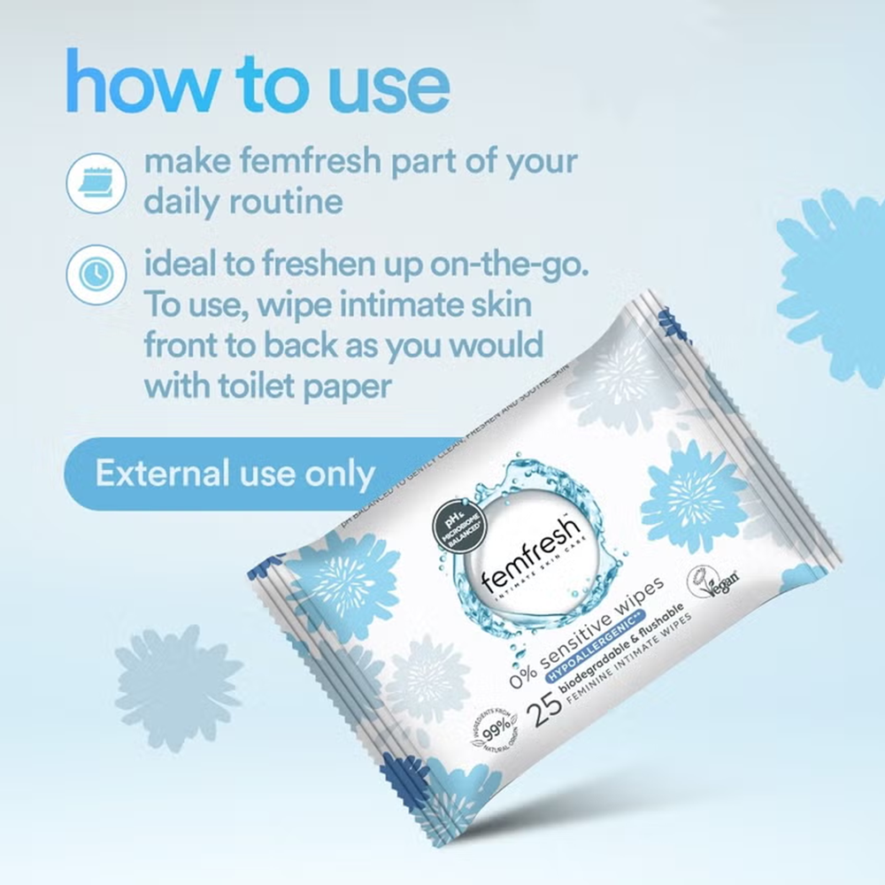 Femfresh Intimate 0% Sensitive Wipes - Pack of 25, Hygienic Wipes