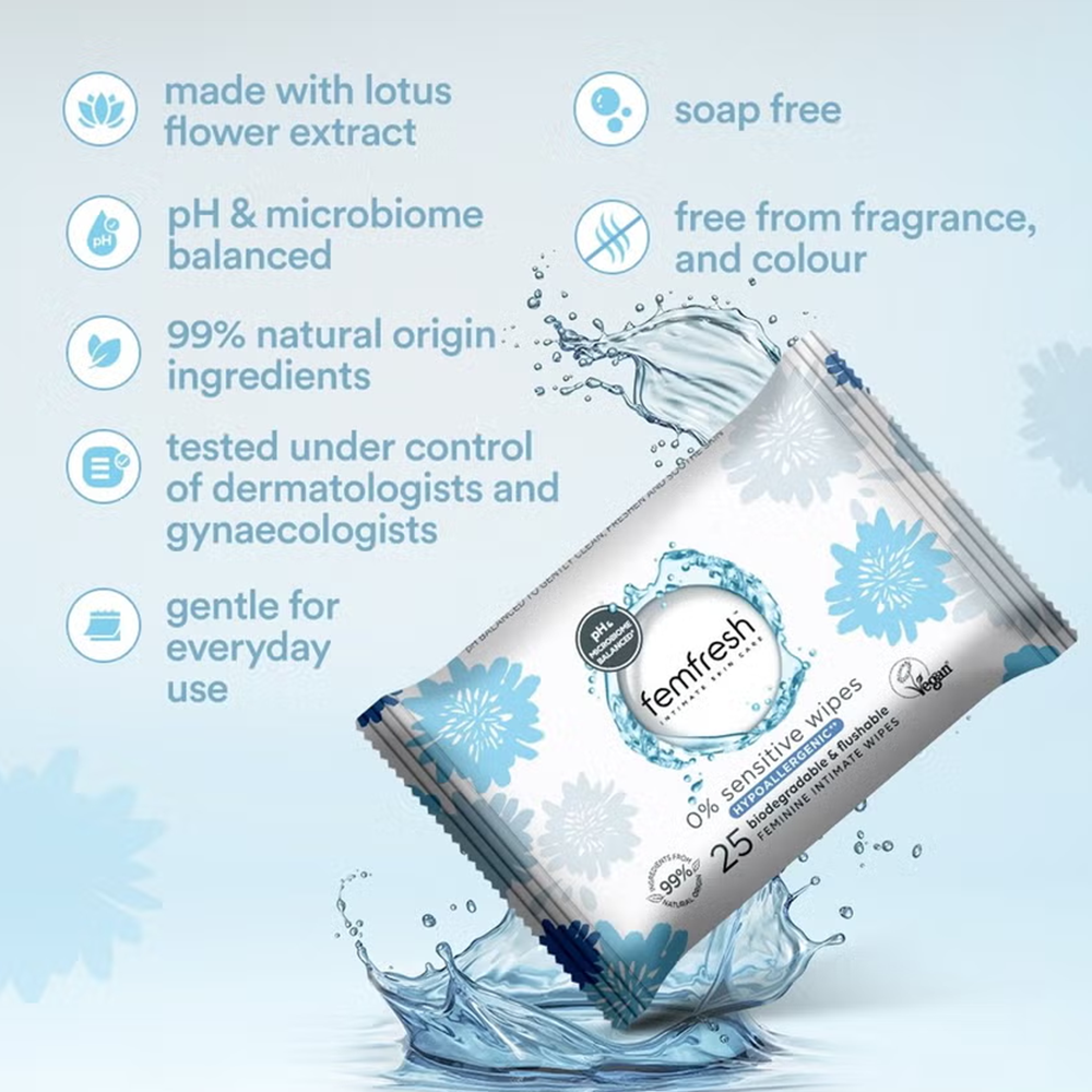Femfresh Intimate 0% Sensitive Wipes - Pack of 25, Hygienic Wipes