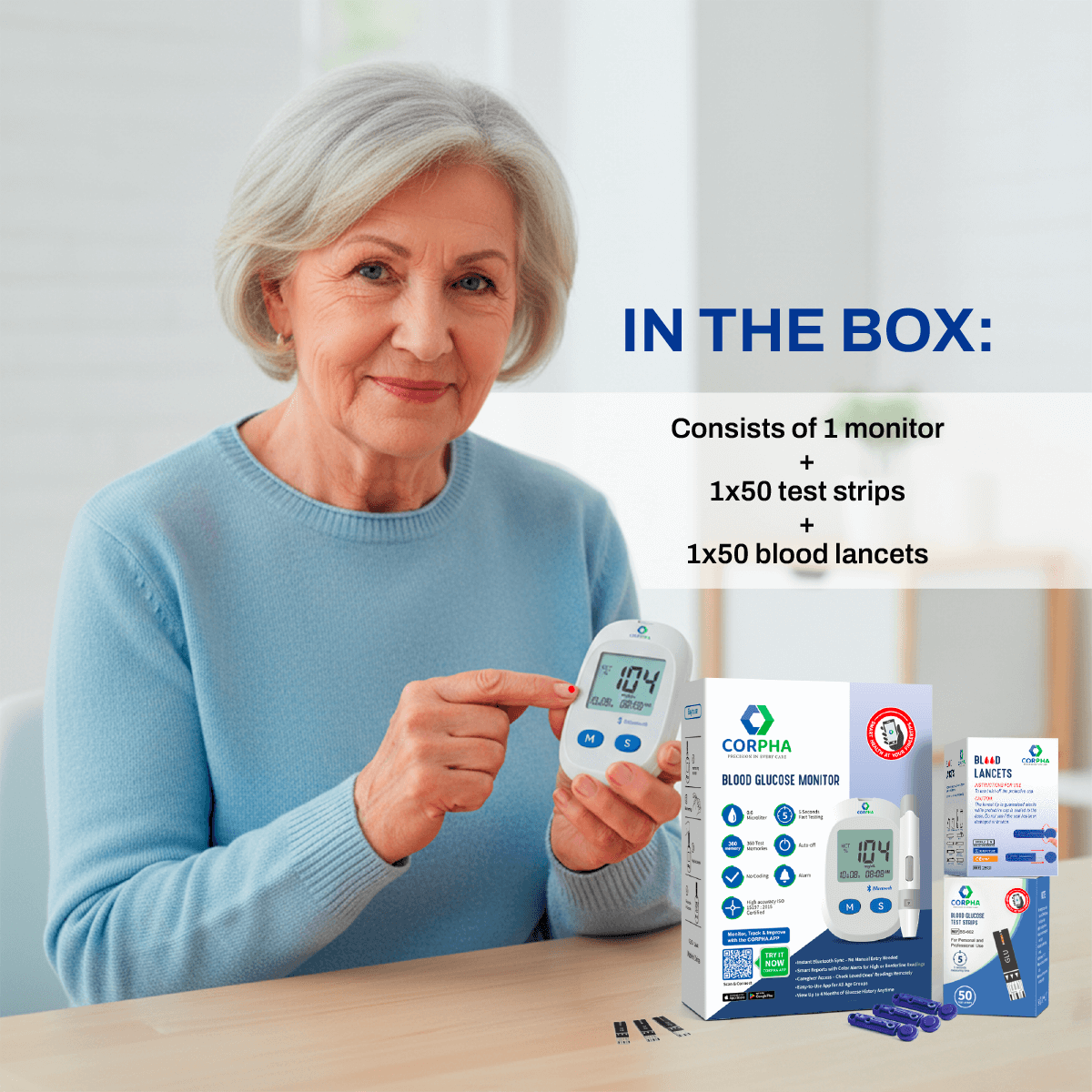Corpha Blood Sugar Monitor Kit – 1 Monitor + 50 Test Strips & 50 Lancets