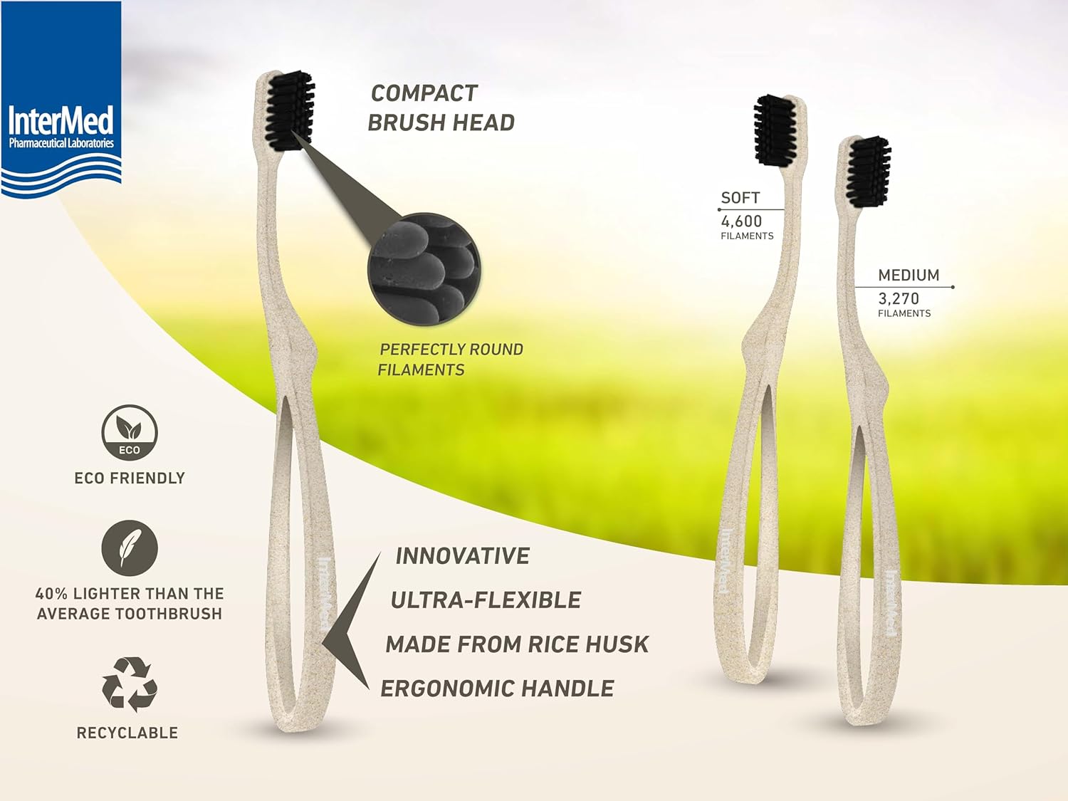 Intermed Eco Ergonomic Soft Toothbrush with Rice Husk Handle, Manual Toothbrushes