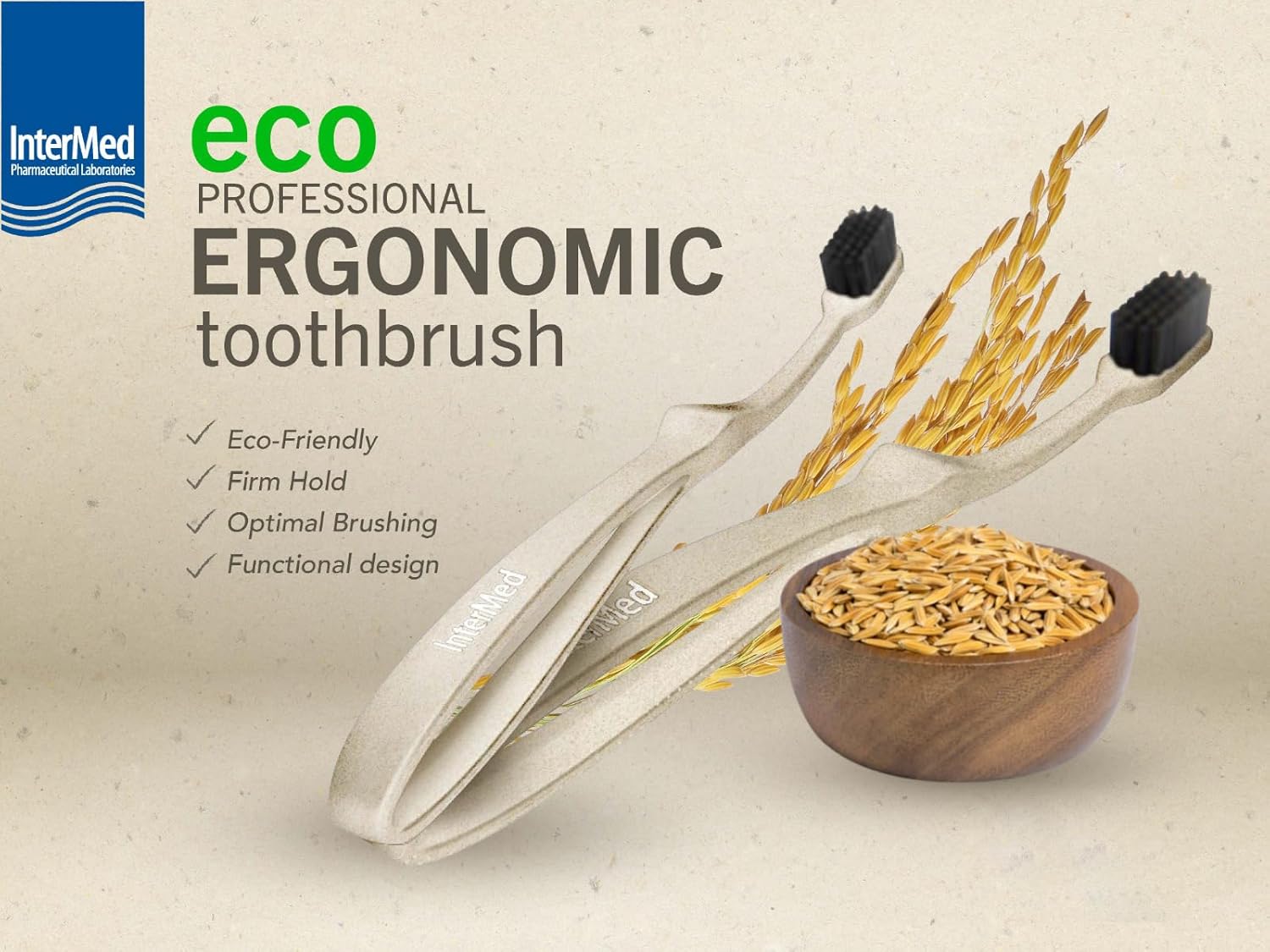 Intermed Eco Ergonomic Soft Toothbrush with Rice Husk Handle, Manual Toothbrushes