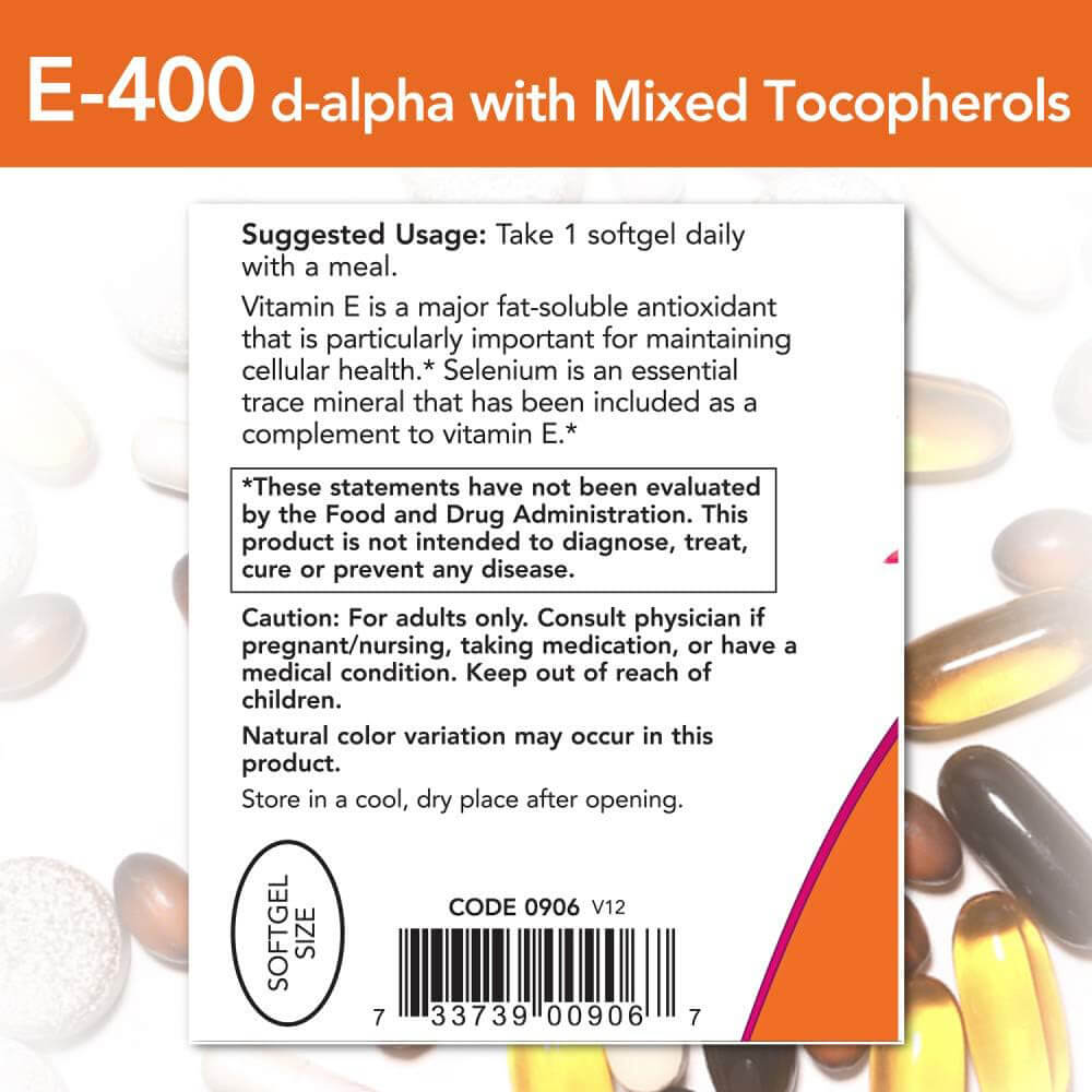 NOW E-400 IU + Selenium – 100 Softgels, Single Vitamins