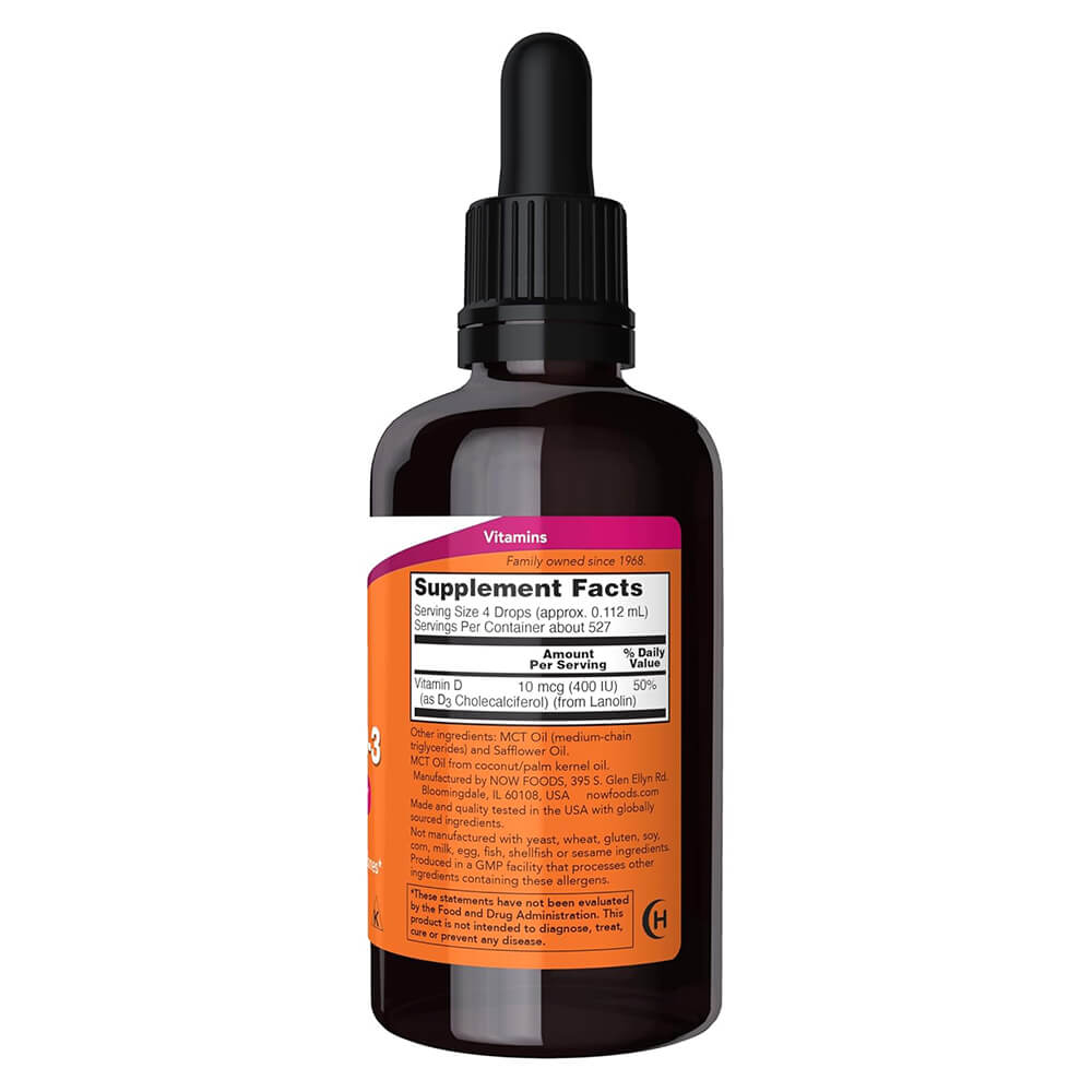 NOW 60ml Liquid Vitamin D3 – fast-absorbing 400 IU oral drops