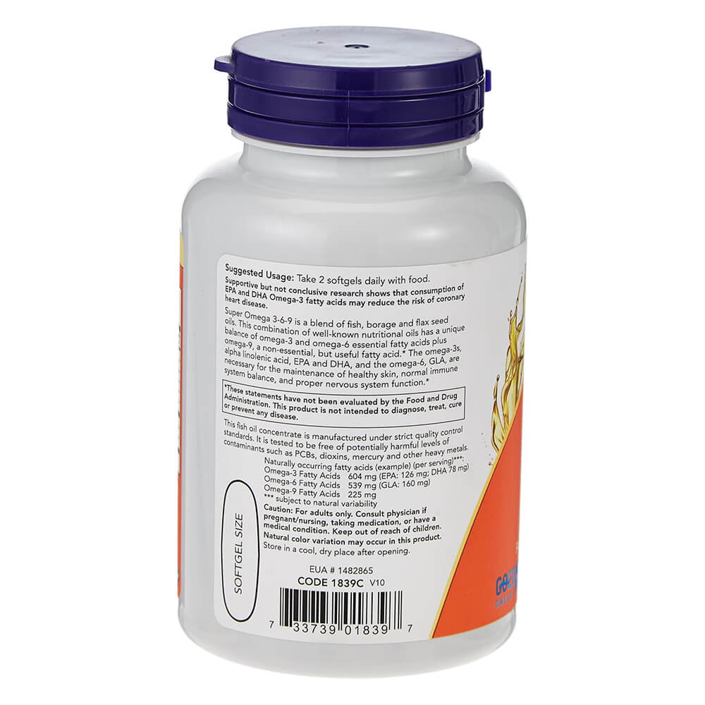 NOW Omega 3-6-9 supplement – 90 softgels for joint & skin support