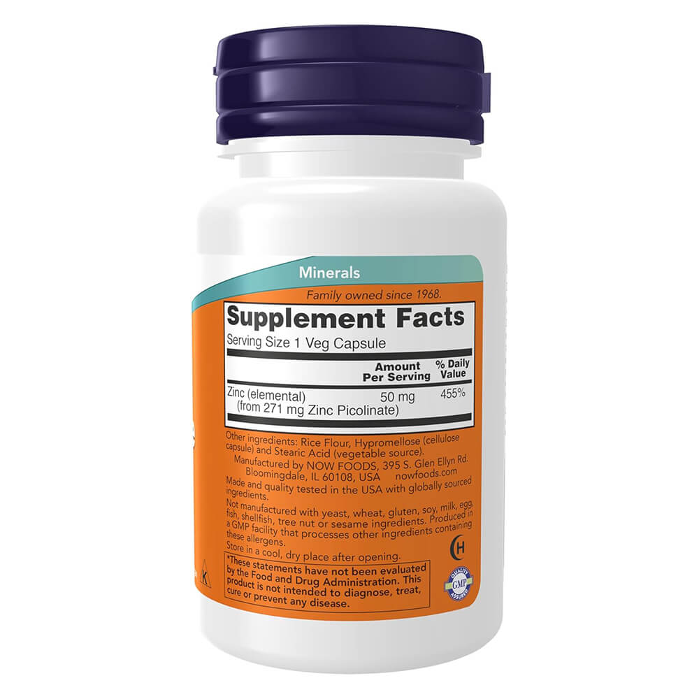 Zinc supplement – NOW 50mg Picolinate, 60-count for skin & wellness