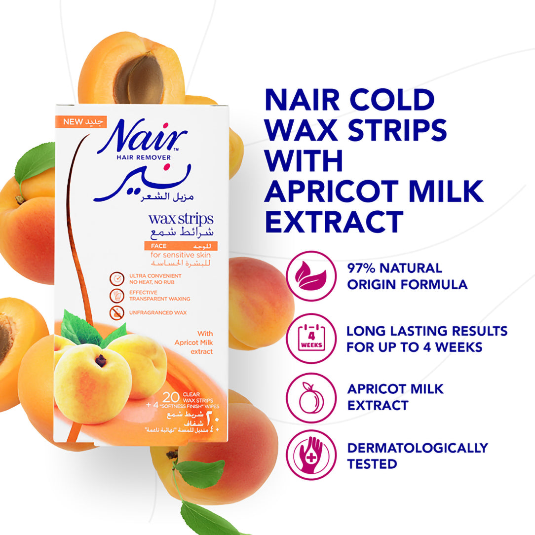 Nair Facial Hair Removal Cold Wax Strips with Apricot Milk Extract - 20 Strips, Waxing Kits & Supplies
