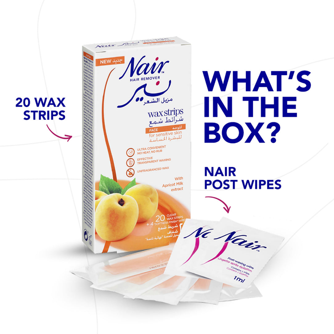Nair Facial Hair Removal Cold Wax Strips with Apricot Milk Extract - 20 Strips, Waxing Kits & Supplies