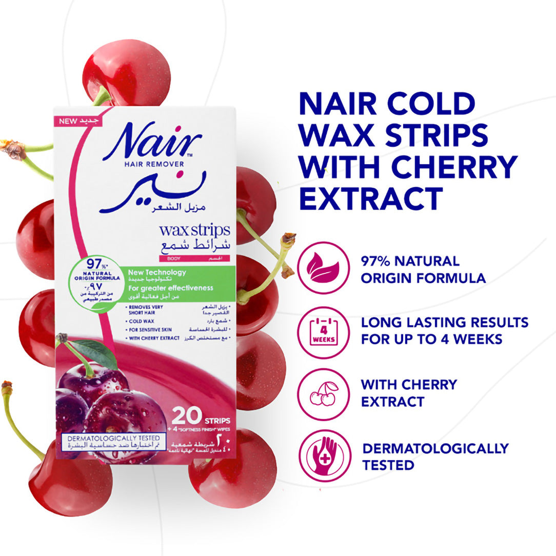 Nair Hair Removal Cold Wax Strips with Cherry Extract - 20 Strips, Waxing Kits & Supplies