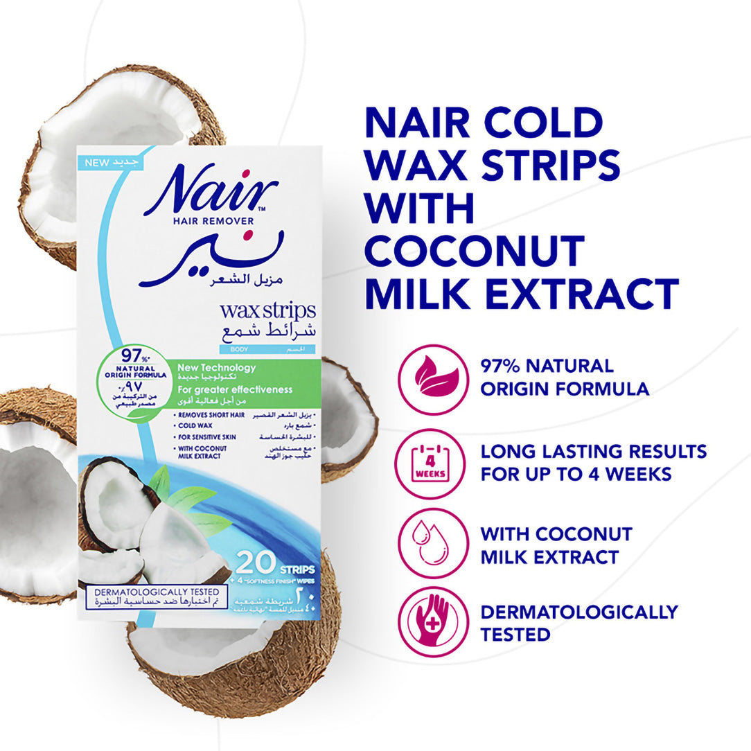 Nair Hair Removal Cold Wax Strips with Coconut Milk Extract - 20 Strips, Waxing Kits & Supplies