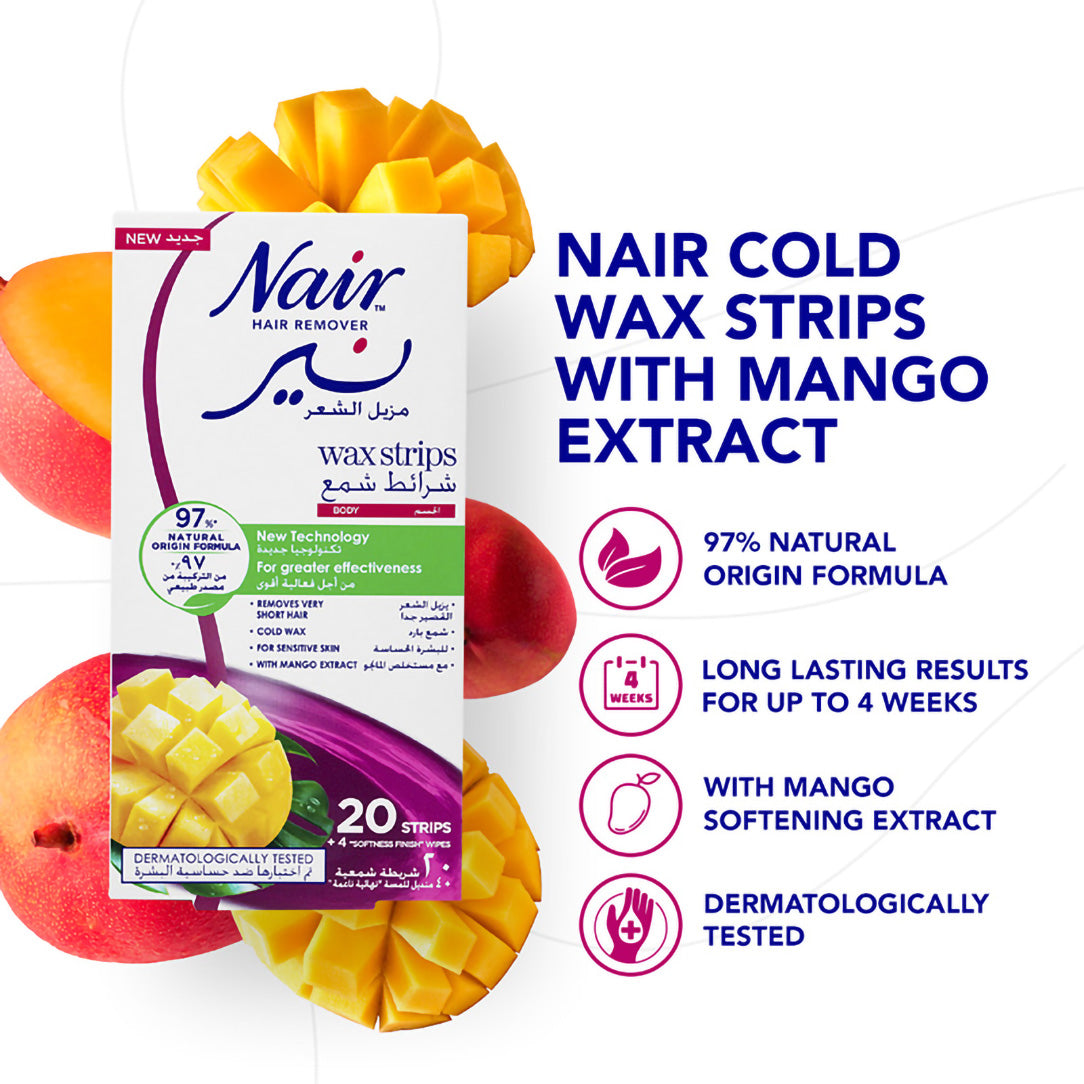 Nair Hair Removal Cold Wax Strips with Mango Extract - 20 Strips, Waxing Kits & Supplies