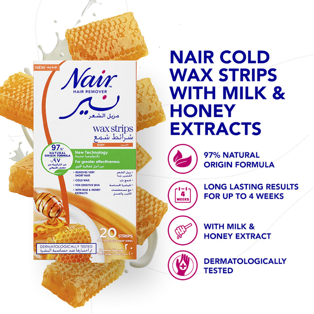 Nair Hair Removal Cold Wax Strips with Milk & Honey Extracts - 20 Strips, Waxing Kits & Supplies