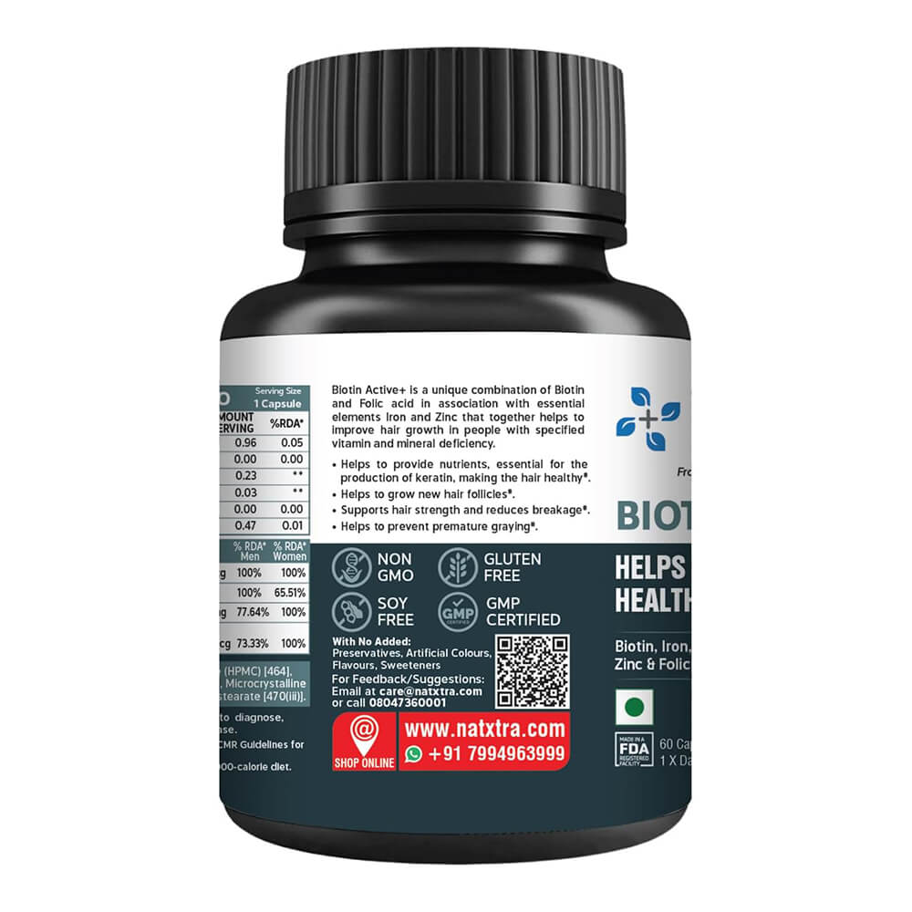 Natxtra hair & skin capsules – biotin-rich Active+ formula