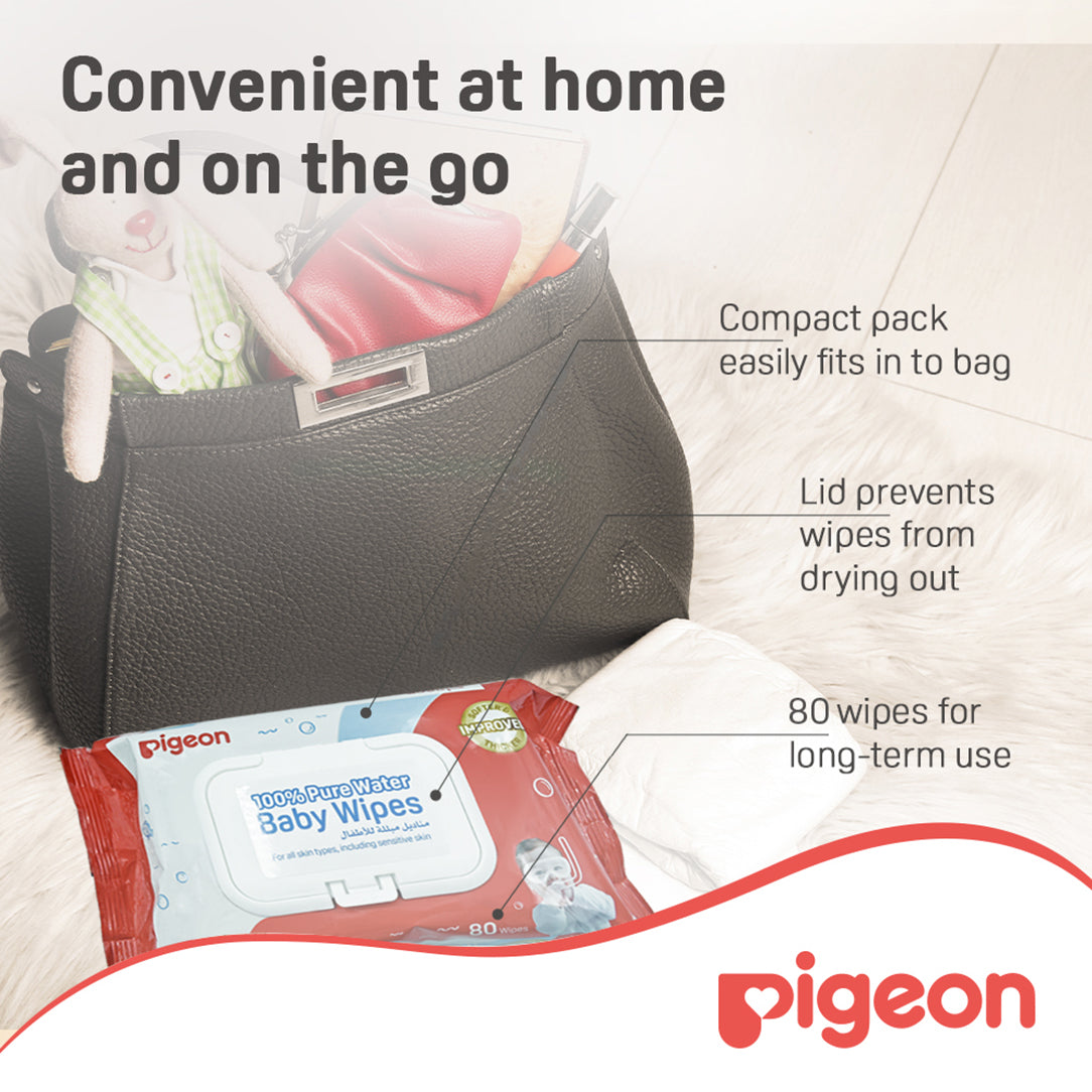 Pigeon Baby Pure Water Wipes - 80 Sheets  (Flip-Top Lid), Disposable Baby Wipes