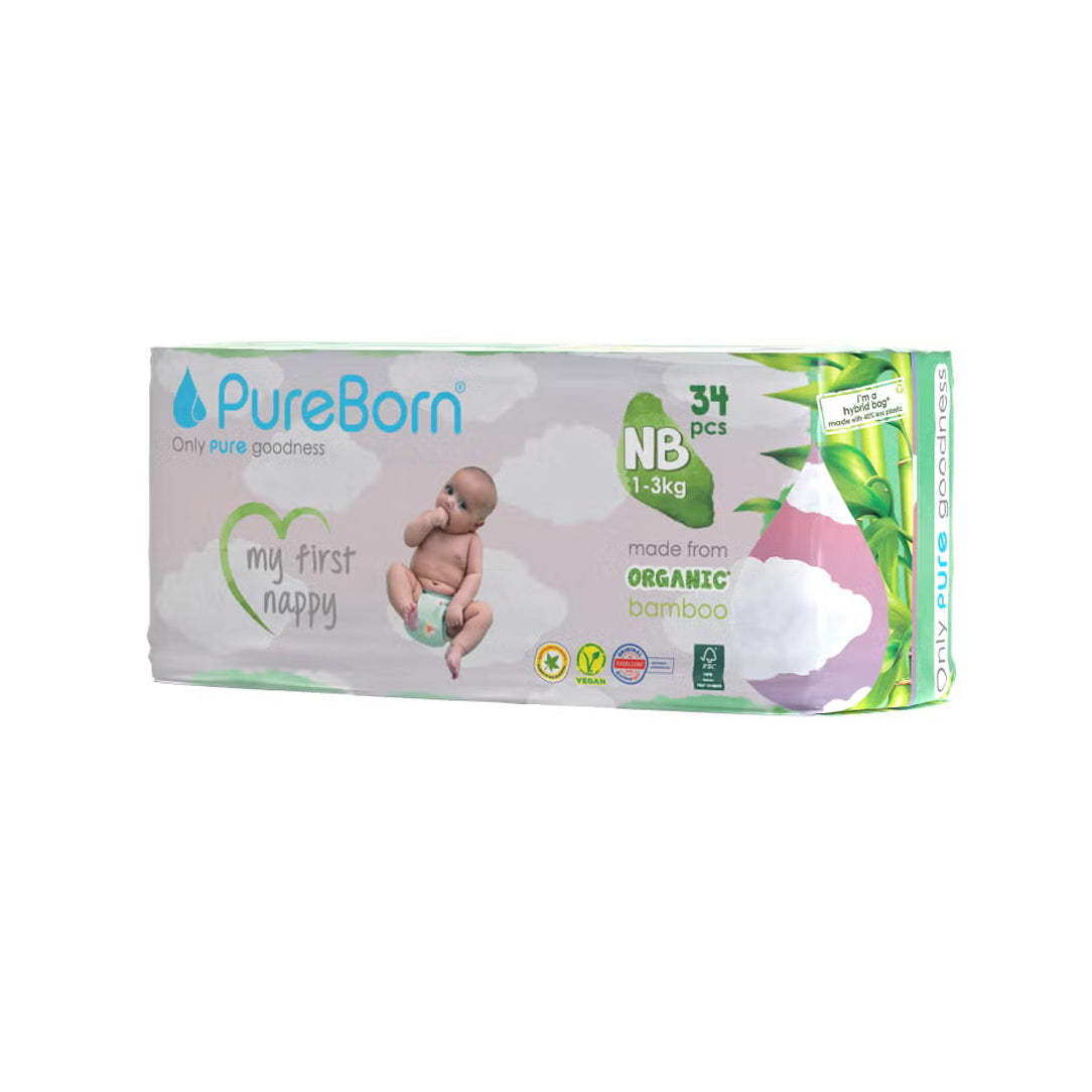 PureBorn Organic Diapers Size 1 Up to 5kg - 34pcs (Single Pack) 41160, Disposable Diapers
