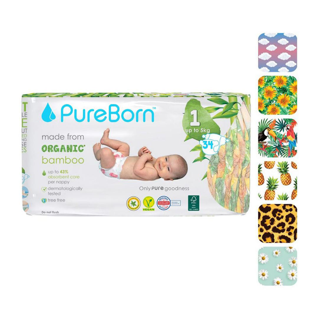 PureBorn Organic Diapers Size 1 Up to 5kg - 34pcs (Single Pack) 41160, Disposable Diapers
