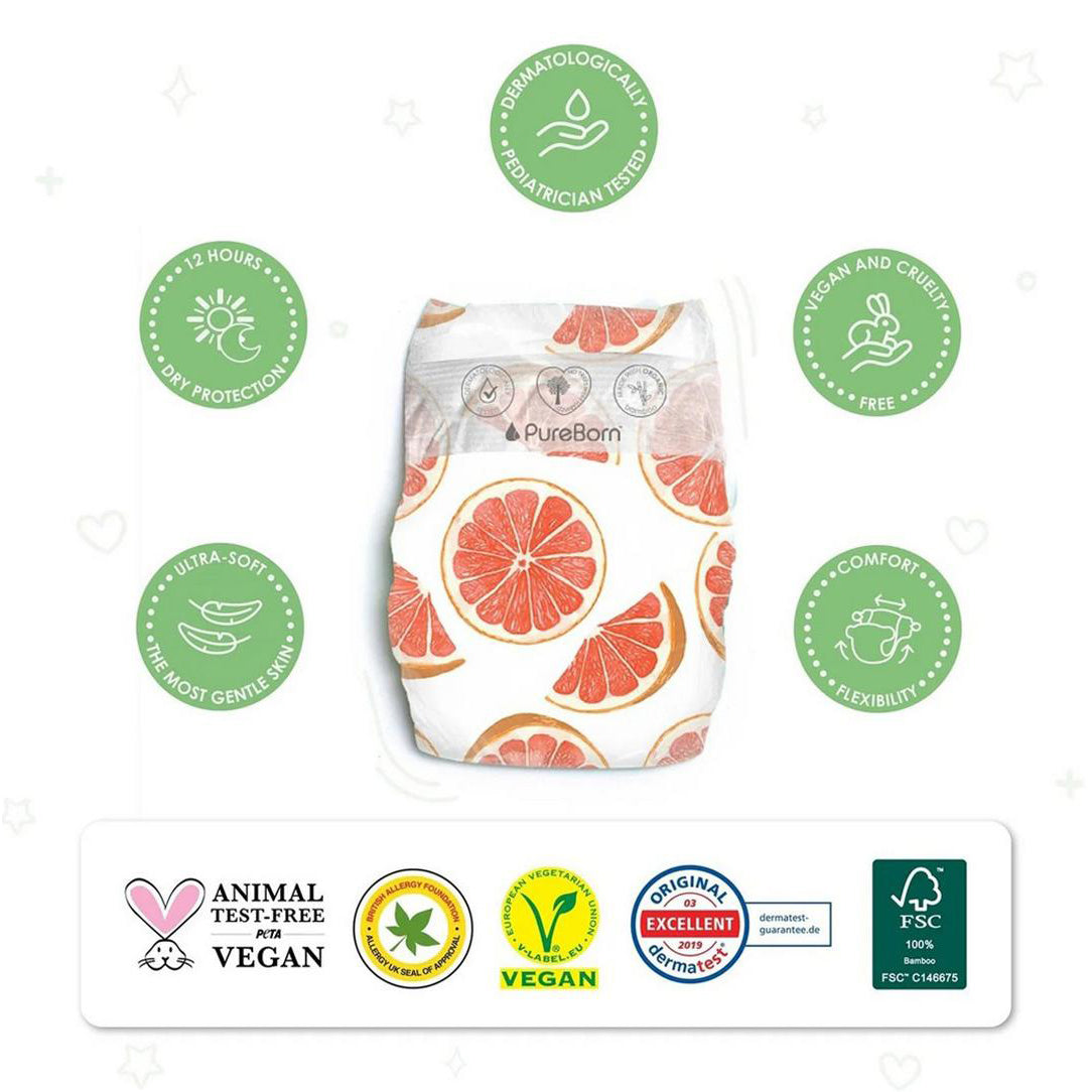 PureBorn Organic Diapers Size 1 Up to 5kg - 34pcs (Single Pack) 41160, Disposable Diapers