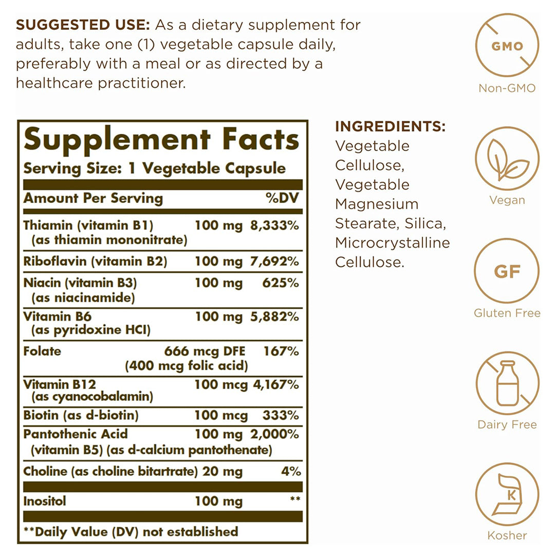 Solgar B-Complex 100 - 100 Veg Capsules, Vitamins & Supplements