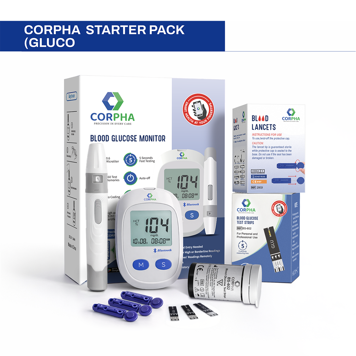 Corpha Blood Sugar Monitor Kit – 1 Monitor + 50 Test Strips & 50 Lancets
