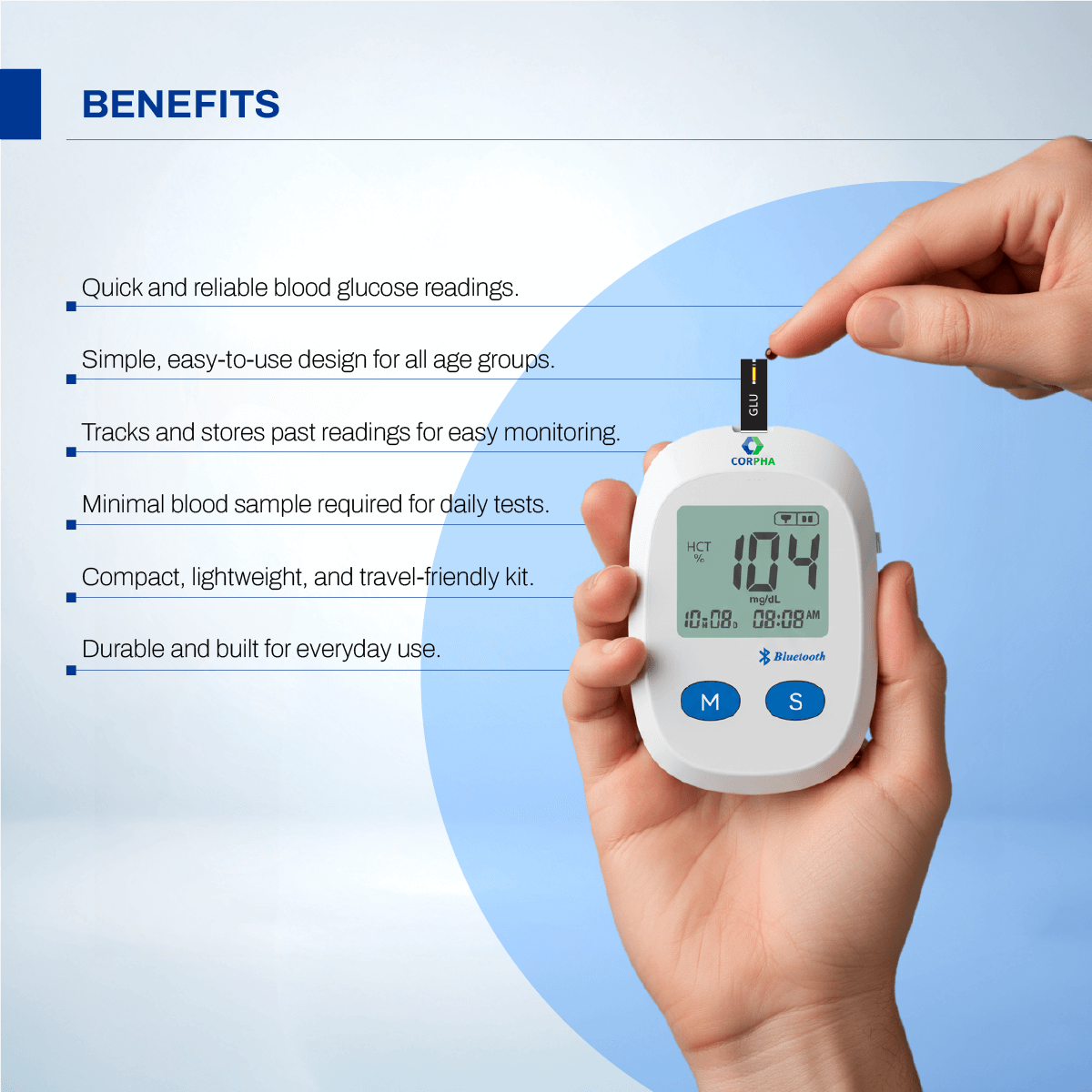 Corpha Blood Sugar Monitor Kit – 1 Monitor + 50 Test Strips & 50 Lancets