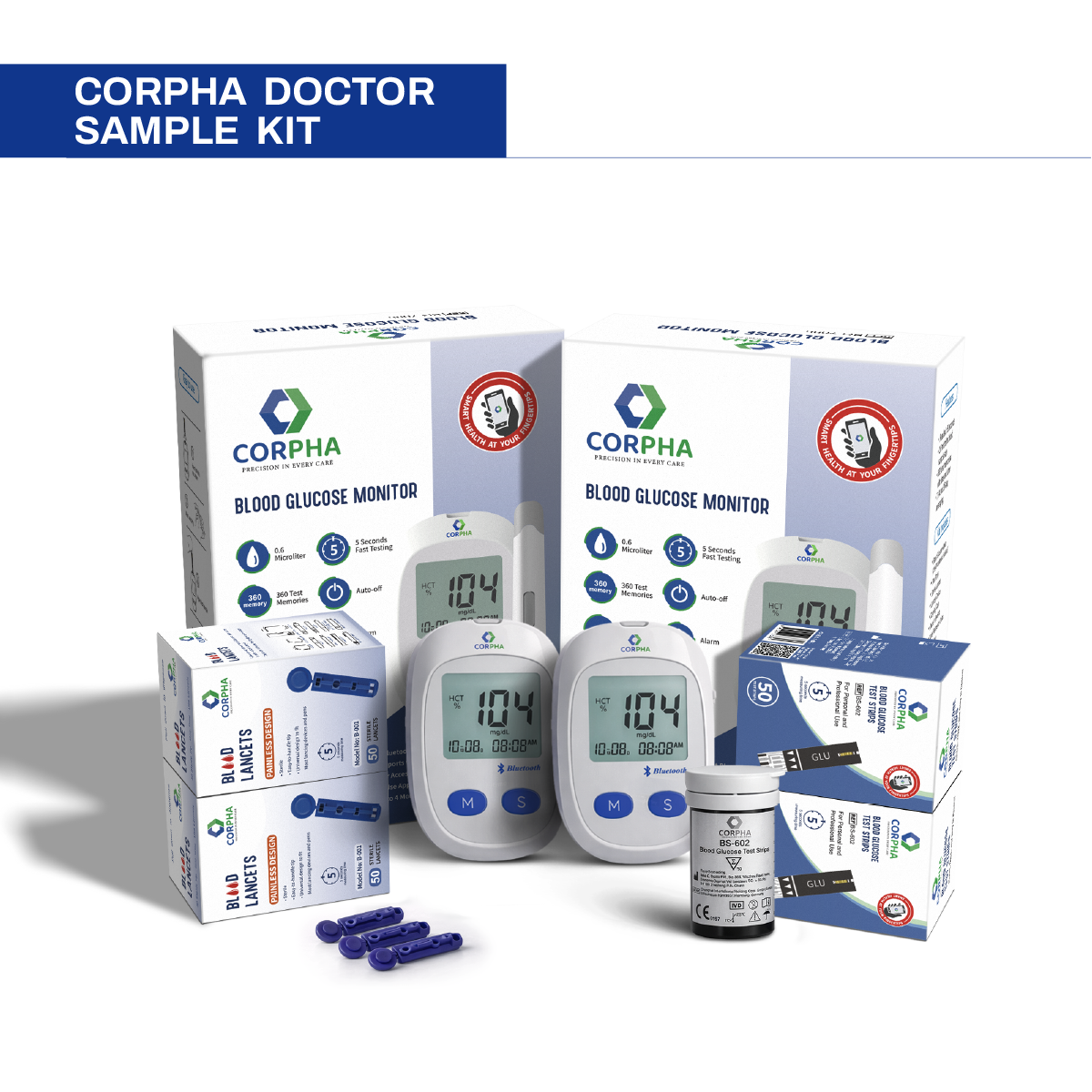 Corpha Blood Sugar Monitor (Glucometer) Kit – 2 Meters + 100 Test Strips + 100 Lancets